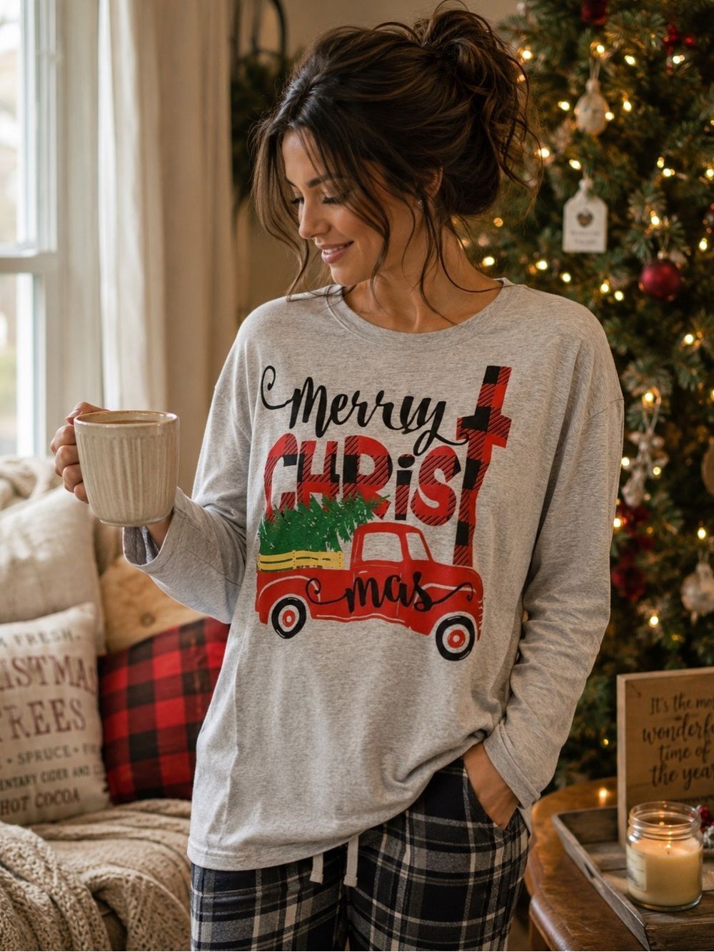 Love in Faith Merry Christmas Truck Long Sleeve Tshirt Marled Grey Red S